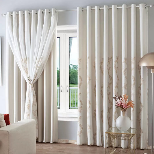 Cortina Fiorela 4,00m x 2,60m - Palha com Bordado Dourado -  M&C Cortinas