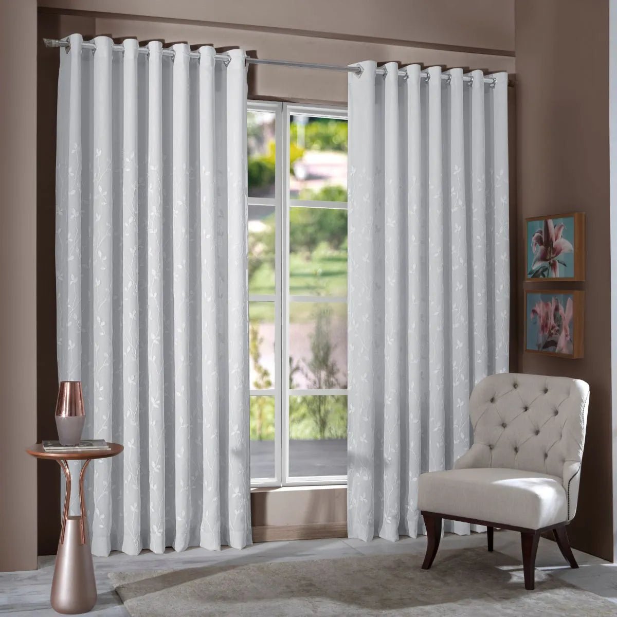 Cortina Maria Flor 4,00m x 2,60m - Folhagem Branca - M&C Cortinas - Ms Tapeçaria